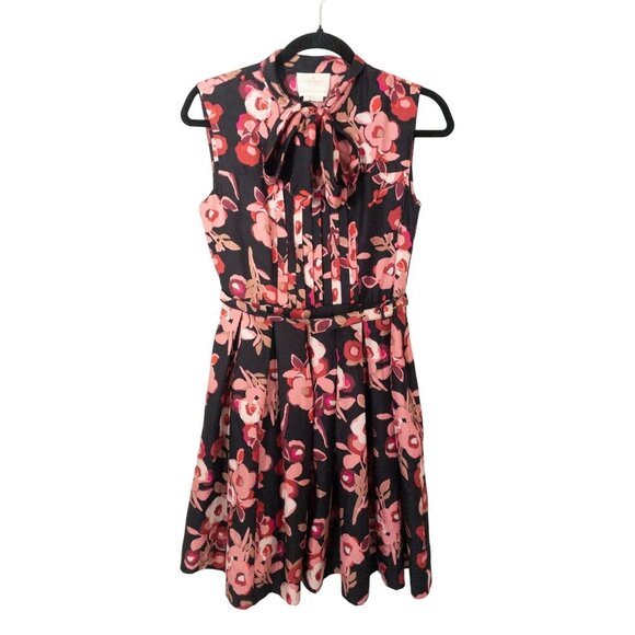 Kate Spade Red Floral Sleeveless Silk Dress With Bow Neckline Pleated Hem SZ 2 - Picture 1 of 11